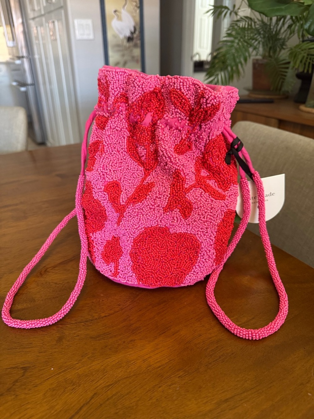 Kate Spade ♠️ Pink & Red Beaded Drawstring  Bag